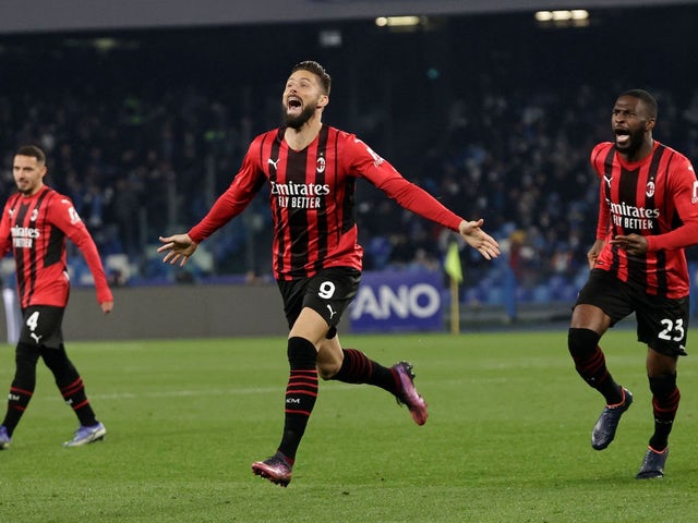 Olivier Giroud del Milan festeggia il suo primo gol il 6 marzo 2022