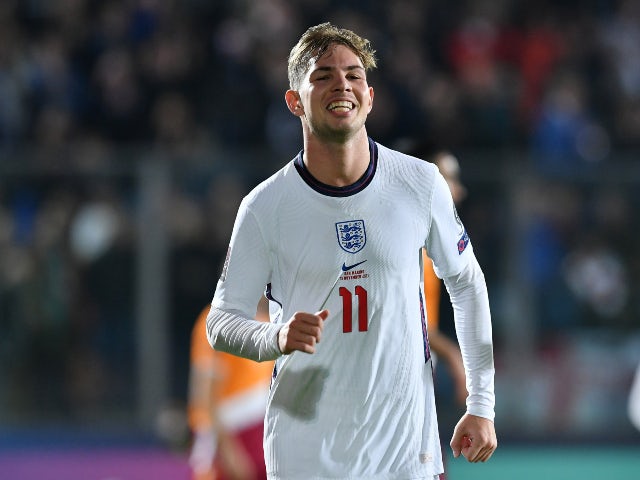 Emile Smith Rowe festeggia il gol dell'Inghilterra contro San Marino il 15 novembre 2021