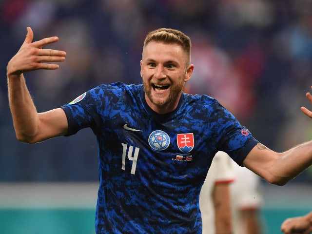 Milan Skriniar festeggia il gol della Slovacchia contro la Polonia a Euro 2020 il 14 giugno 2021