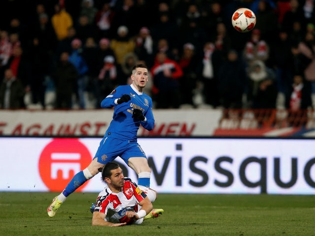 Ryan Kent dei Rangers segna il suo primo gol contro la Stella Rossa Belgrado il 17 marzo 2022