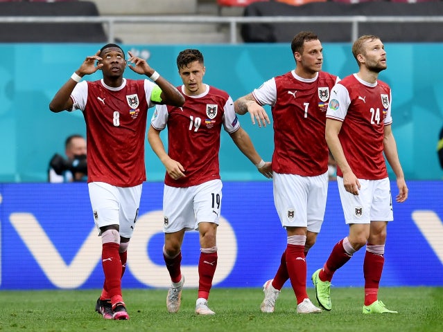 Christoph Baumgartner dell'Austria festeggia il suo primo gol contro l'Ucraina a Euro 2020 il 21 giugno 2021